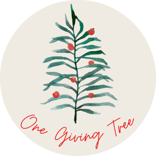 One Giving Tree site favicon, abstract green tree with red ball ornaments and red text reading One Giving Tree